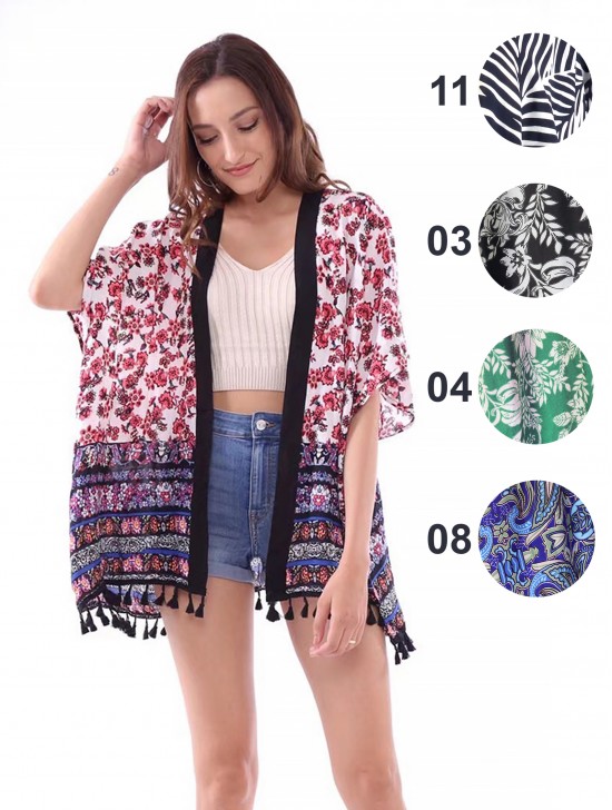 Summer Pattern Print Kimono W/ Tassel Detailing